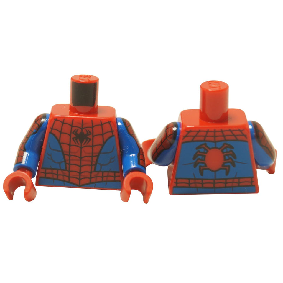 LEGO® Marvel Spider-Man torso (973pb4166c01) with classic red and blue suit, showing the front and back spider logos and web printing.