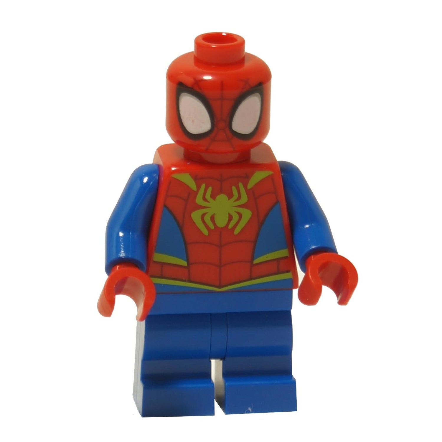 LEGO® Spider-Man 'Spidey' ミニフィギュア (sh1033) 胸にライムグリーンのスパイダーロゴとミディアムレッグ、正面図。