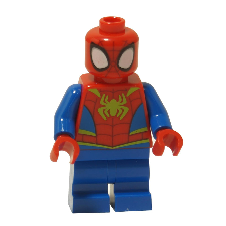 LEGO® Spider-Man 'Spidey' minifigure (sh1033) with a lime green spider logo on the chest and medium legs, front view.