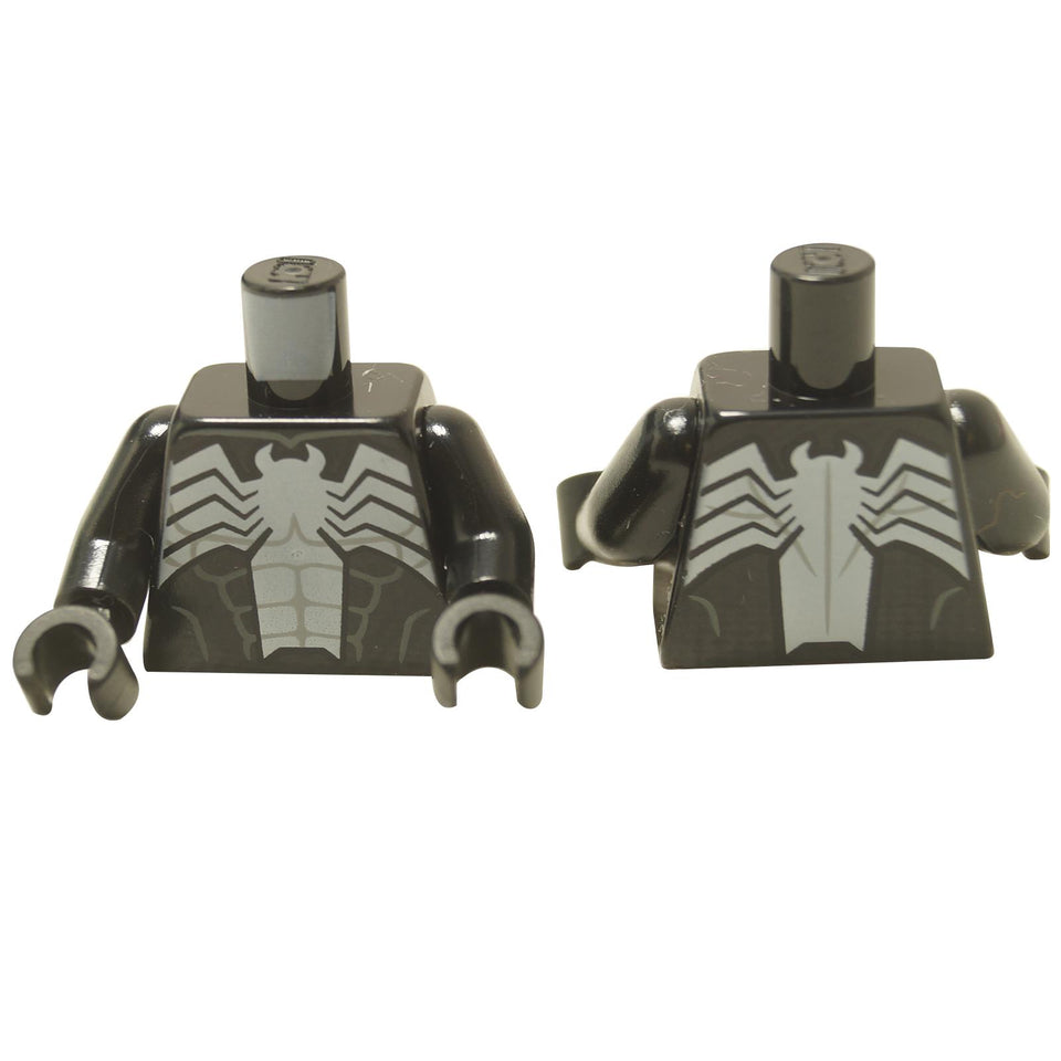 LEGO® Marvel Venom minifigure torso (973pb3473c01), showing the printed white spider symbol and muscle definition on the front and back.