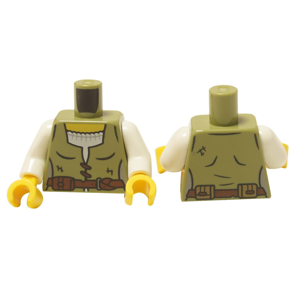  LEGO® Medieval Villager Torso (973pb5578c01), showing the front and back of the olive green patched vest over a white shirt.