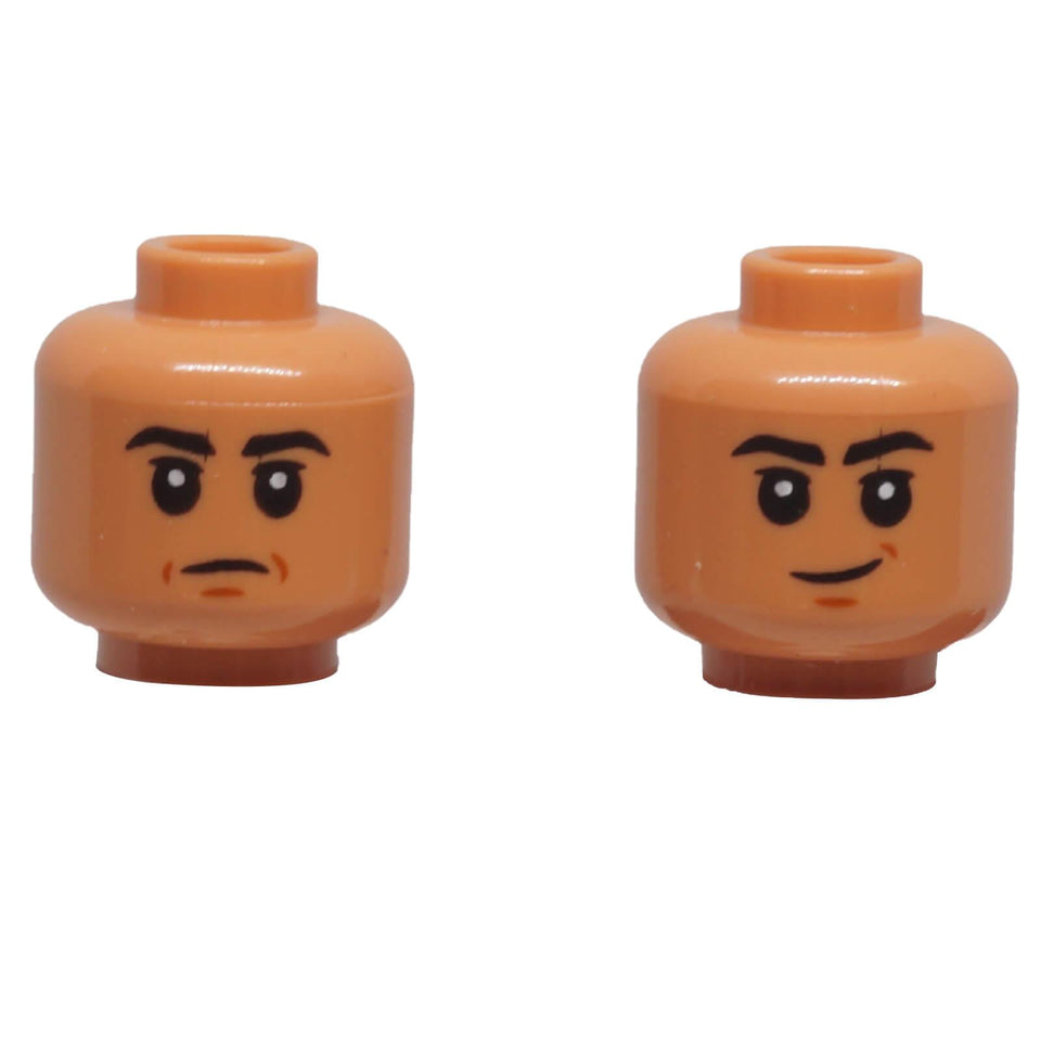 LEGO medium dark flesh dual-sided minifigure head 3626pb3870 with smirk and sad expression