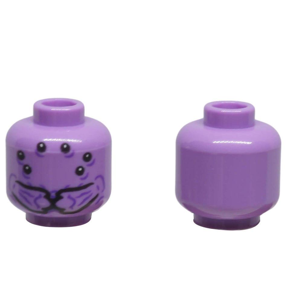 Front and back of LEGO® medium lavender alien minifigure head 3626pb3005 with six black eyes, mandibles and dark purple contour markings