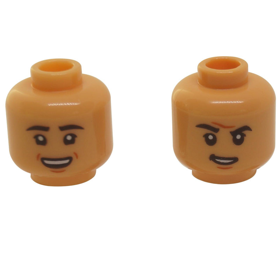 رأس ذكر LEGO تان متوسط 3626pb3409 ذو وجه مزدوج الجوانب مع ابتسامة وابتسامة واثقة من الأمام والخلف