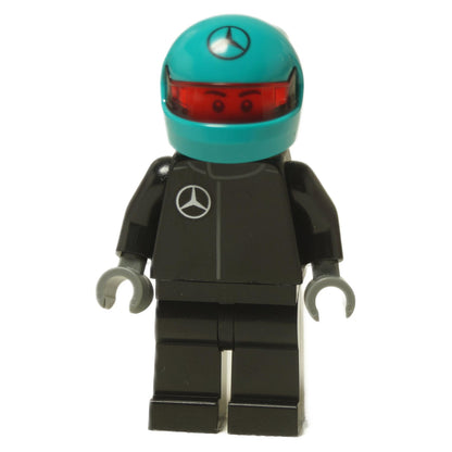 LEGO® Speed Champions Mercedes F1 driver minifigure (sc124) in a black race suit with a turquoise helmet featuring the Mercedes logo.