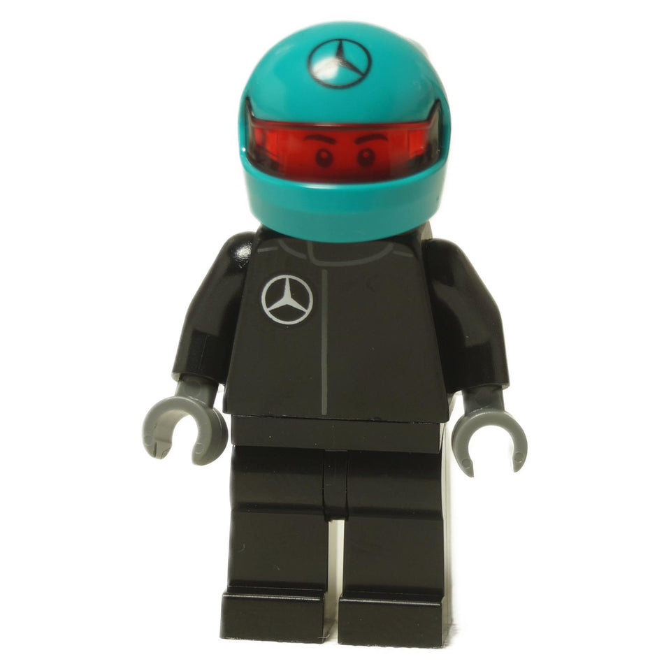  LEGO® Speed Champions Mercedes F1 driver minifigure (sc124) in a black race suit with a turquoise helmet featuring the Mercedes logo.