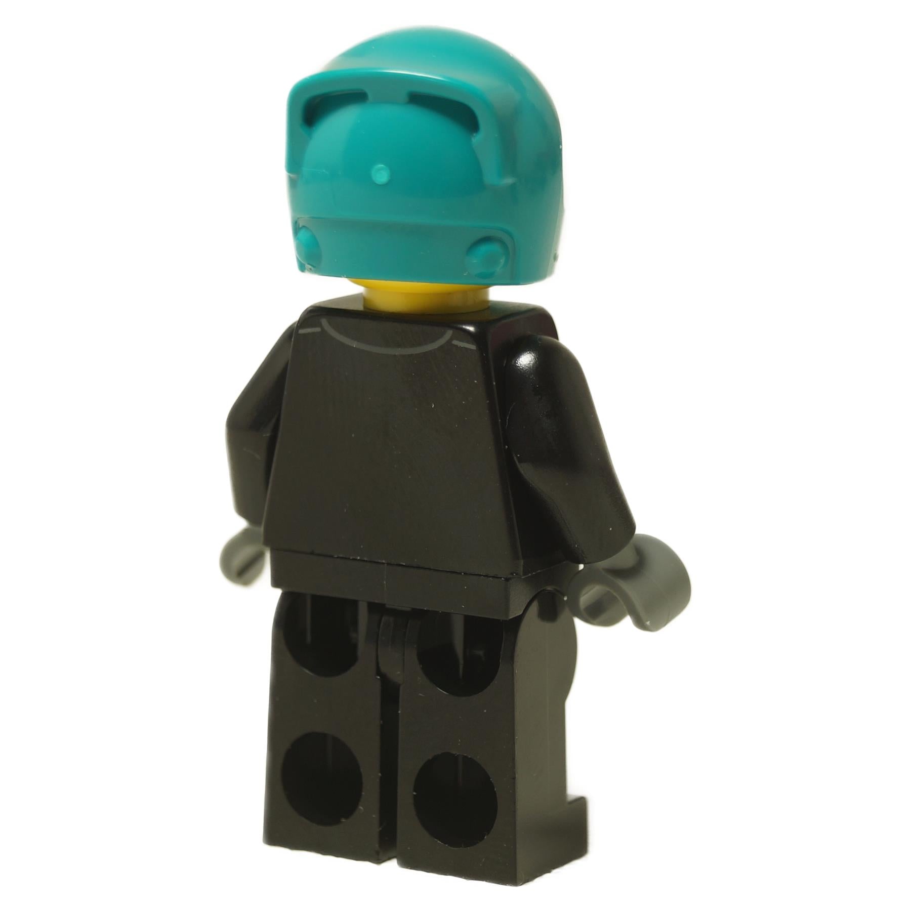 Back view of LEGO® Mercedes F1 W15 driver minifigure sc124 with teal helmet and black racing suit.