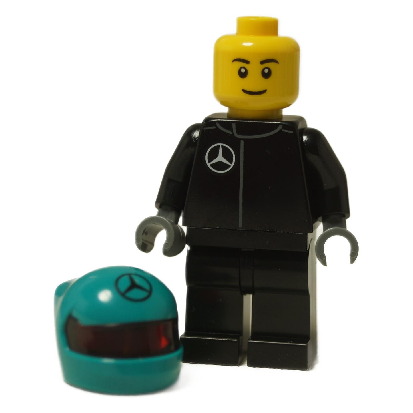LEGO® Mercedes F1 W15 driver minifigure sc124 with black suit and teal helmet featuring Mercedes logo.