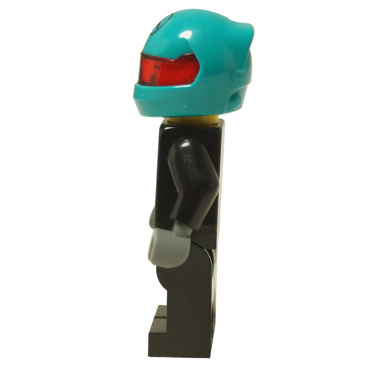 Side view of LEGO® Mercedes F1 W15 driver minifigure sc124 wearing teal helmet with red visor.