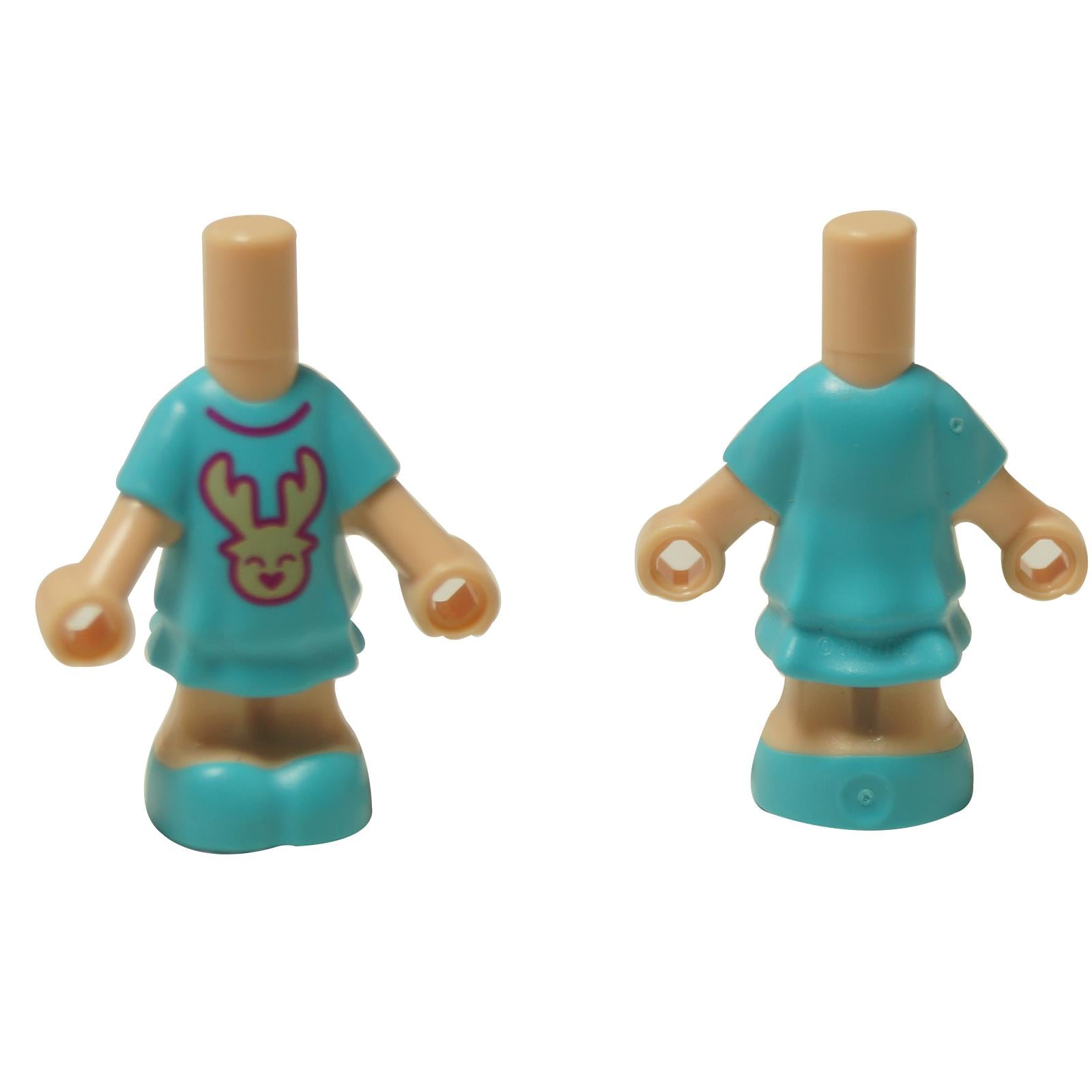Vista frontal y trasera del LEGO® Cuerpo de Micro Muñeca Friends (69969pb07), mostrando el vestido azul medio con un lindo estampado de cabeza de reno en el frente.