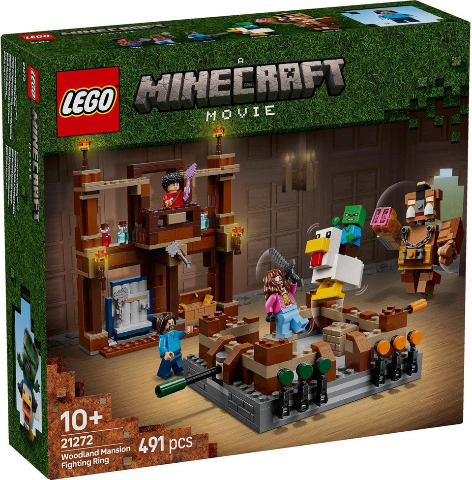 LEGO® Minecraft 21272 Woodland Mansion Fighting Ring — låda framsidan visar arenan och minifigurer