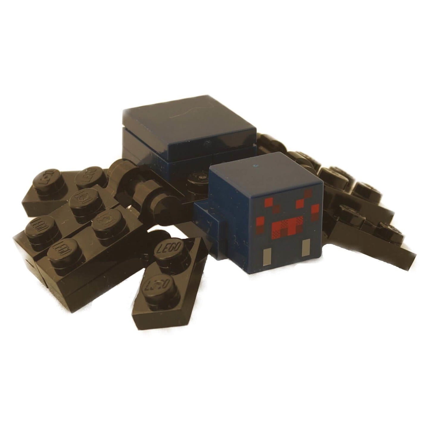 深蓝色 LEGO Minecraft Cave Spider (v06) 可构建人仔，展示了可动的黑色腿和印刷的面部。