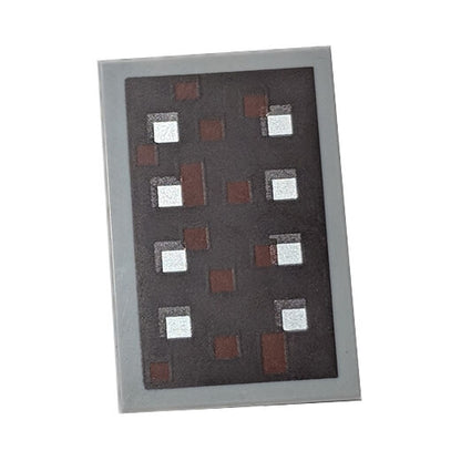 Front view of the LEGO® Minecraft Shield (26603pb001), a Light Bluish Gray 2x3 tile with a pixelated brown and silver pattern.