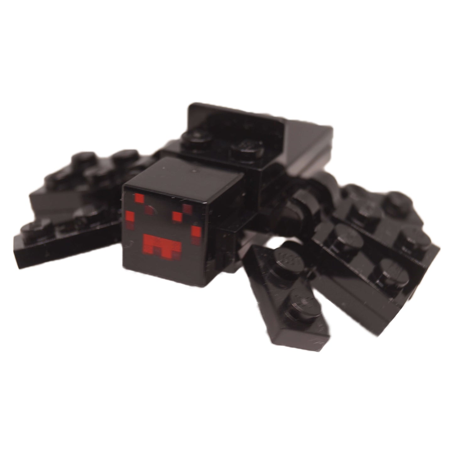 LEGO Minecraft black brick built spider with red eyes front angle