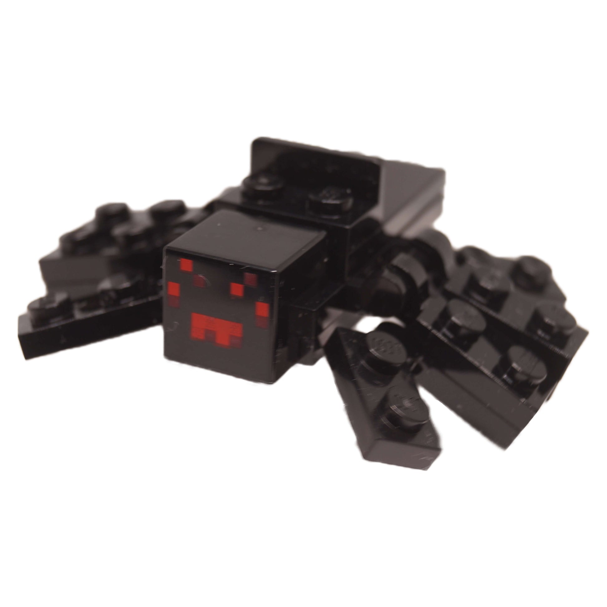 LEGO Minecraft black brick built spider with red eyes front angle