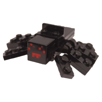 LEGO Minecraft black brick built spider with red eyes front angle