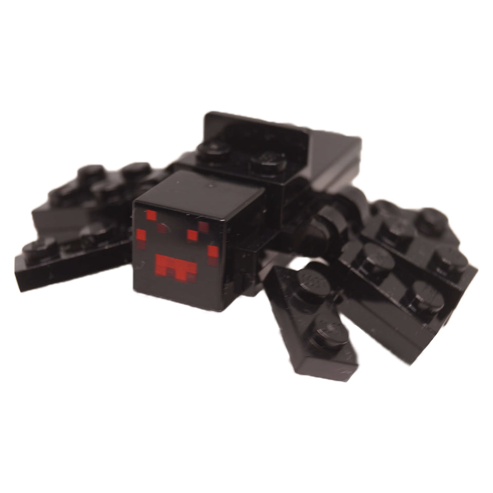 LEGO Minecraft black brick built spider with red eyes front angle