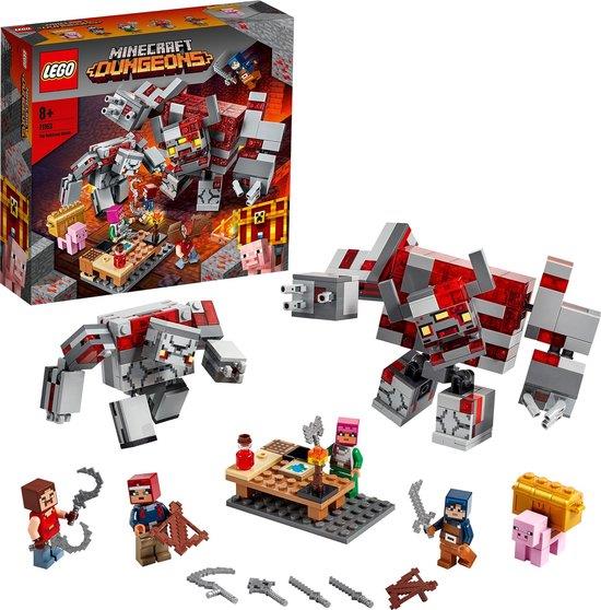LEGO® Minecraft™ The Redstone Battle set (21163) featuring the Redstone Monstrosity, Redstone Golem, minifigures, pig, accessories, and original box
