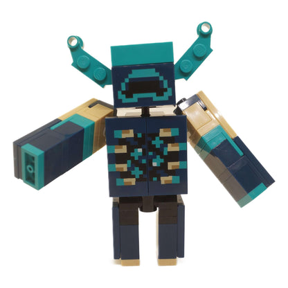 LEGO® Minecraft Warden-figuren framifrån med uppsträckta armar, som visar bröst- och huvuddetaljer från Deep Dark-seten.
