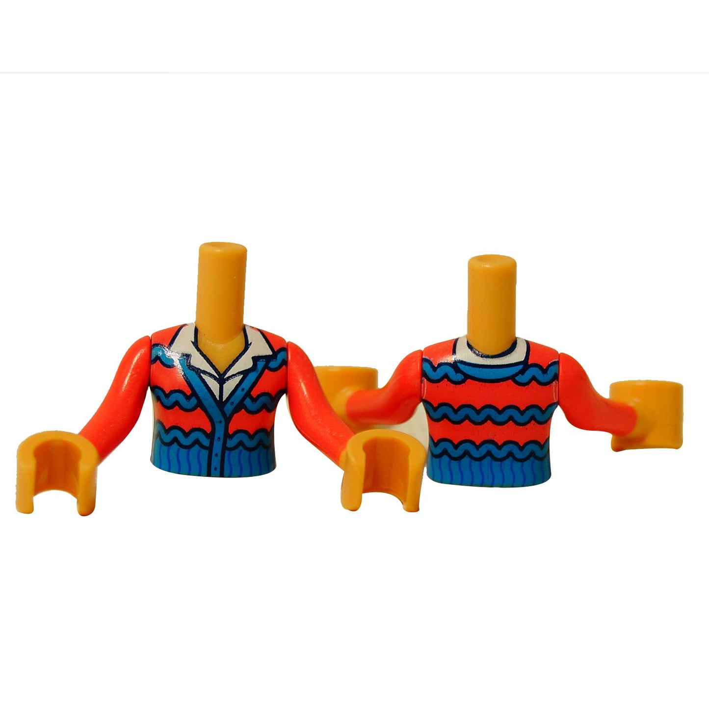 LEGO® torse de mini-poupée fille avec cardigan corail, rayures ondulées bleu foncé et impression de chemise blanche, parfait pour les figurines Friends et les MOCs personnalisés.
