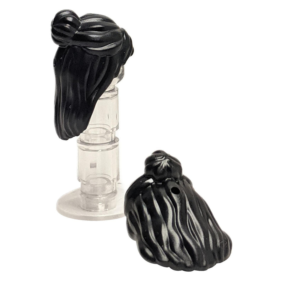 LEGO Mini Doll hair part 2633 female long swept back in bun with accessory hole in black.