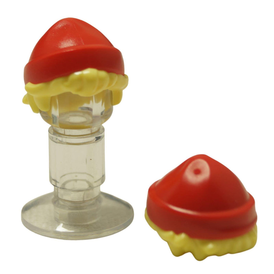 LEGO Mini Doll hair part 5492pb02 red beanie cap over short blonde hair.