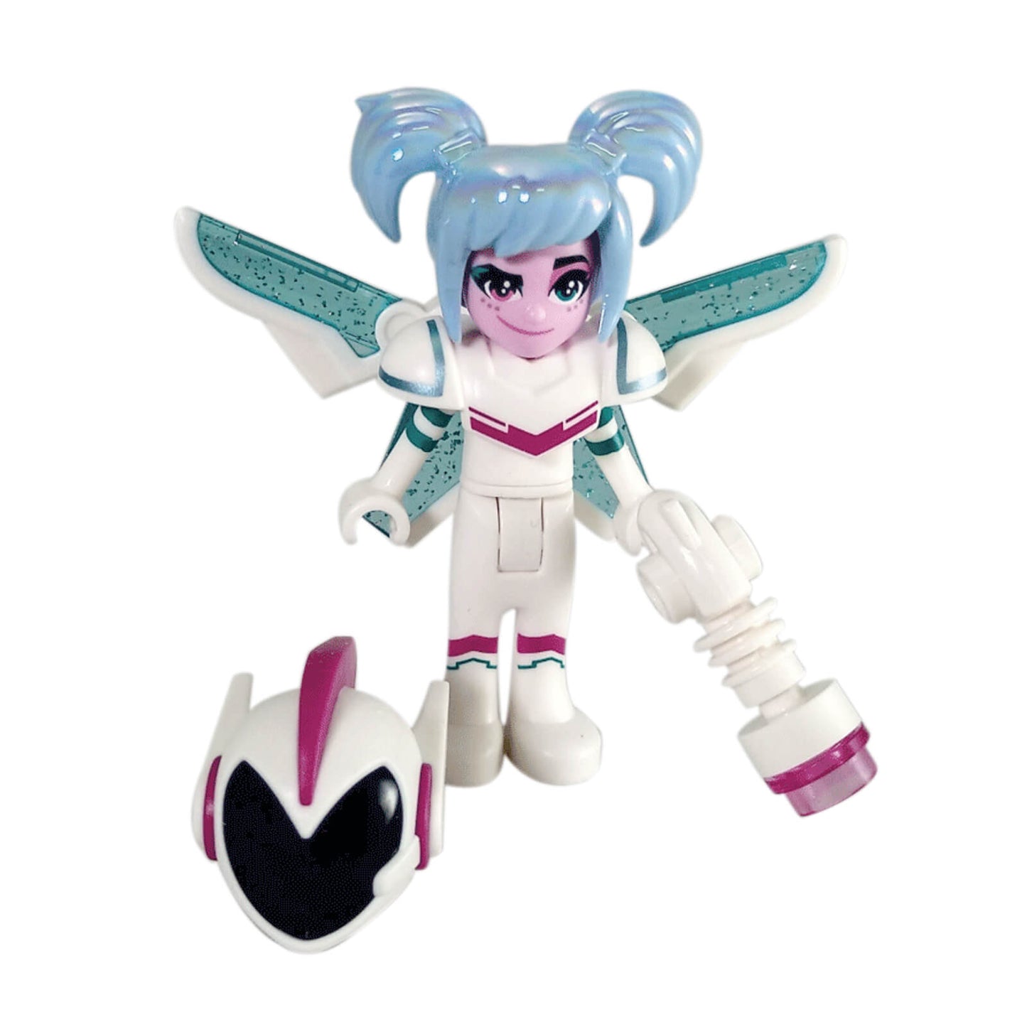 The LEGO The LEGO Movie 2 mini-doll of Sweet Mayhem, shown with her iridescent blue hair, wings, blaster, and separate helmet.