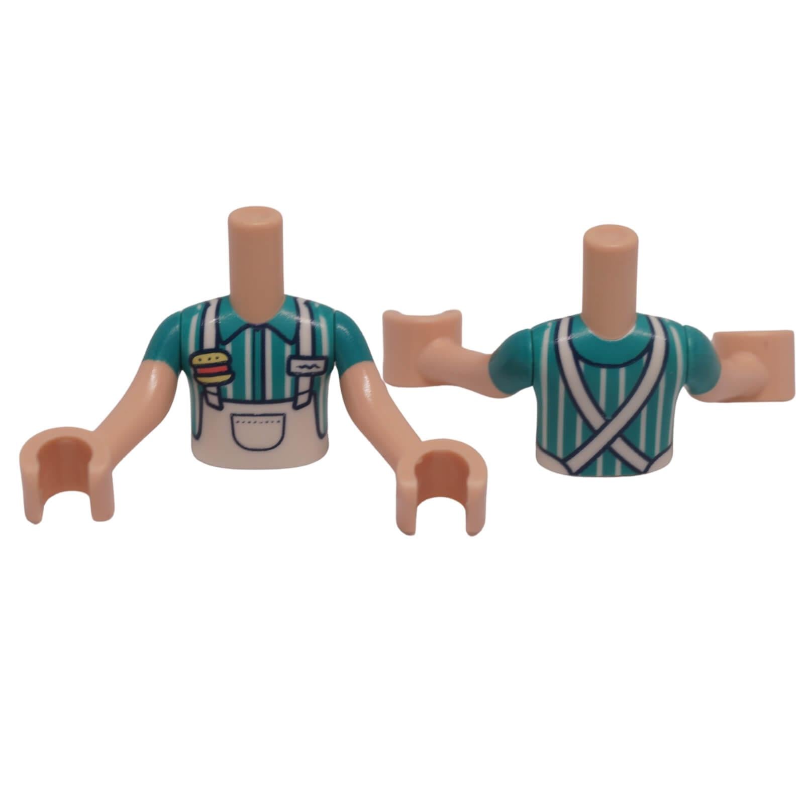 LEGO mini doll torso apron print striped shirt hamburger pin detail