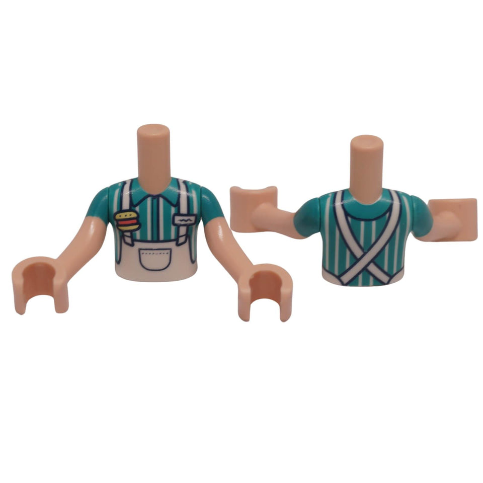 LEGO mini doll torso apron print striped shirt hamburger pin detail