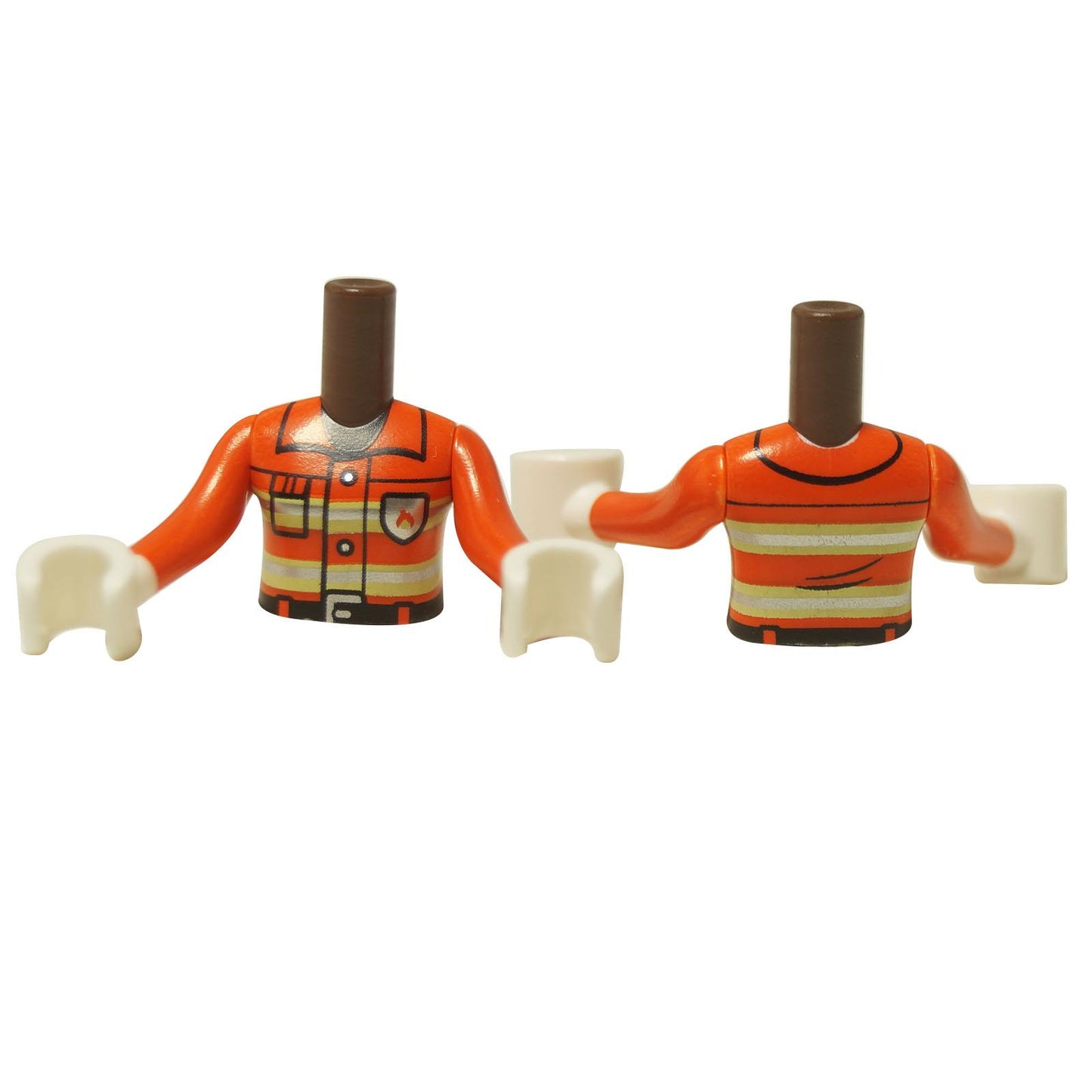  LEGO® mini-doll torso (FTGpb525c01), een roest-oranje brandweerman jas met reflecterende strepen, oranje armen en witte handen.