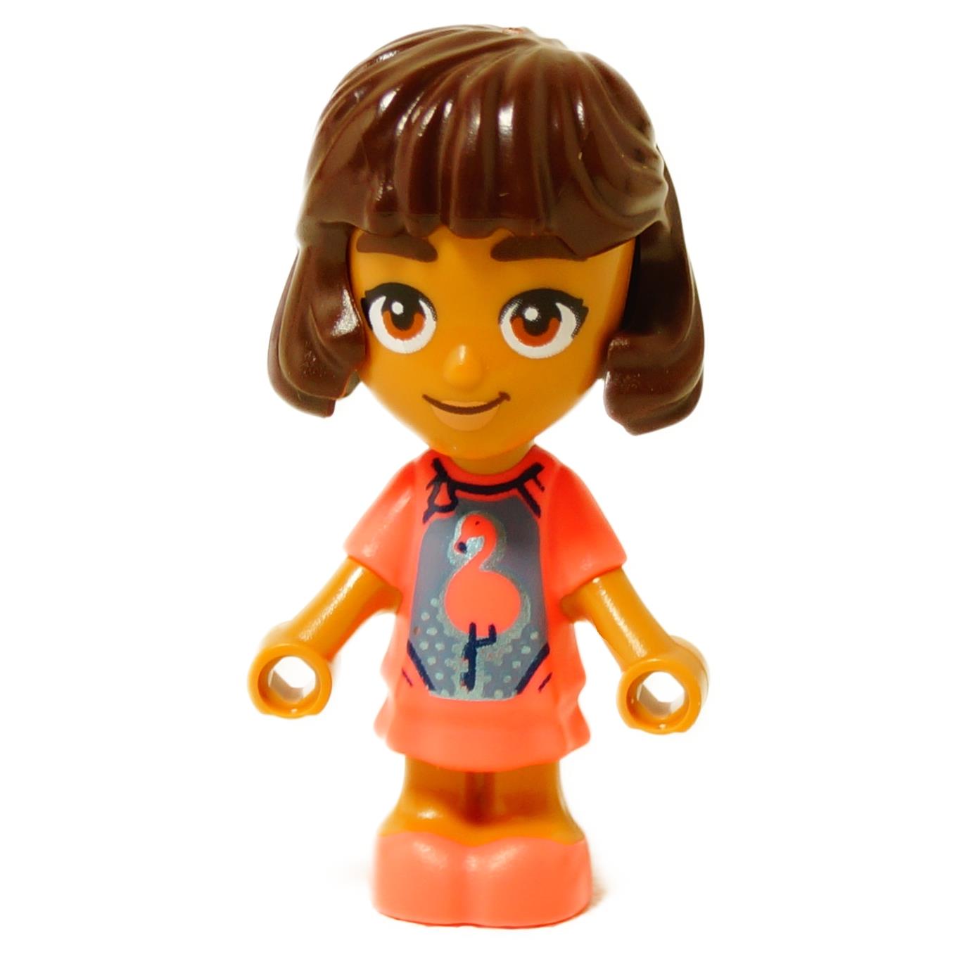 LEGO® mini-muñeca Alba con un vestido coral con estampado de flamencos, figura al estilo Friends con cabello castaño
