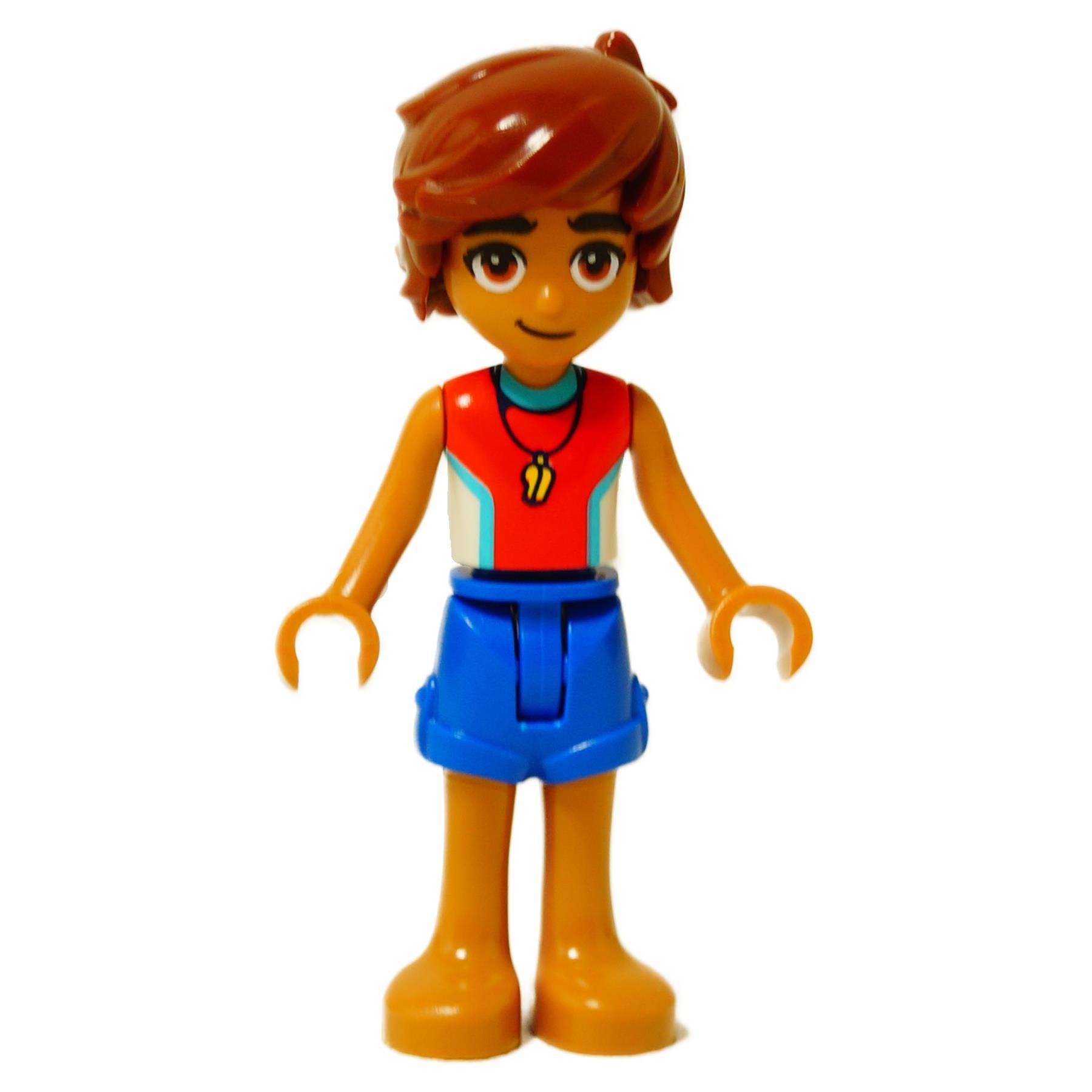 LEGO® mini-muñeco Leo con un top de traje de neopreno y pantalones cortos azules, figura al estilo Friends con cabello castaño
