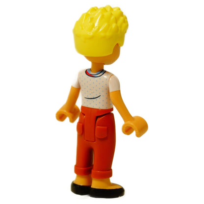 LEGO® mini-doll Olly wearing a bandana shirt and orange trousers, Friends-style figure with glasses and short blond hair, back profile view