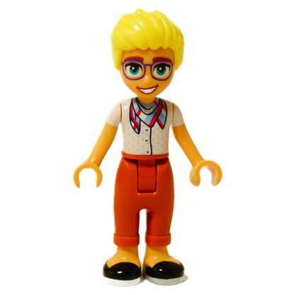 LEGO® mini-doll Olly wearing a bandana shirt and orange trousers, Friends-style figure with glasses and short blond hair
