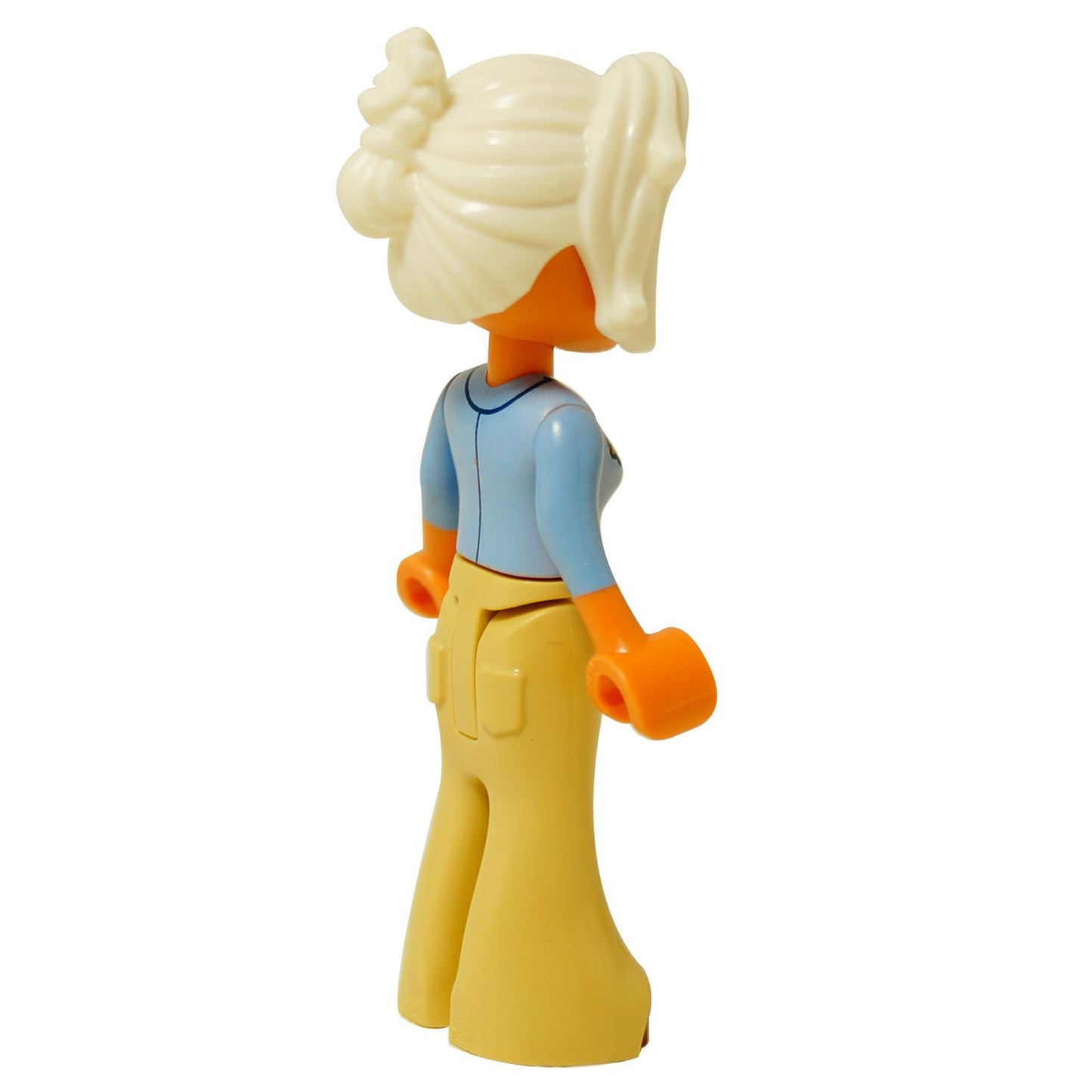 LEGO® mini-doll Renee wearing a jacket and bell-bottom pants, Friends-style figure with glasses and tied-up hair, back profile view

