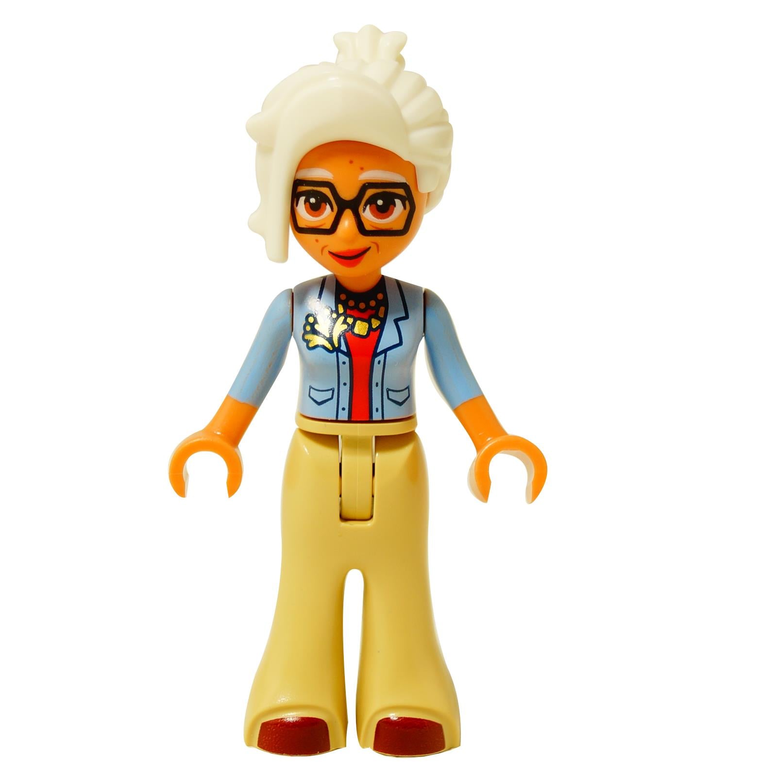 LEGO® mini-doll Renee wearing a jacket and bell-bottom pants, Friends-style figure with glasses and tied-up hair
