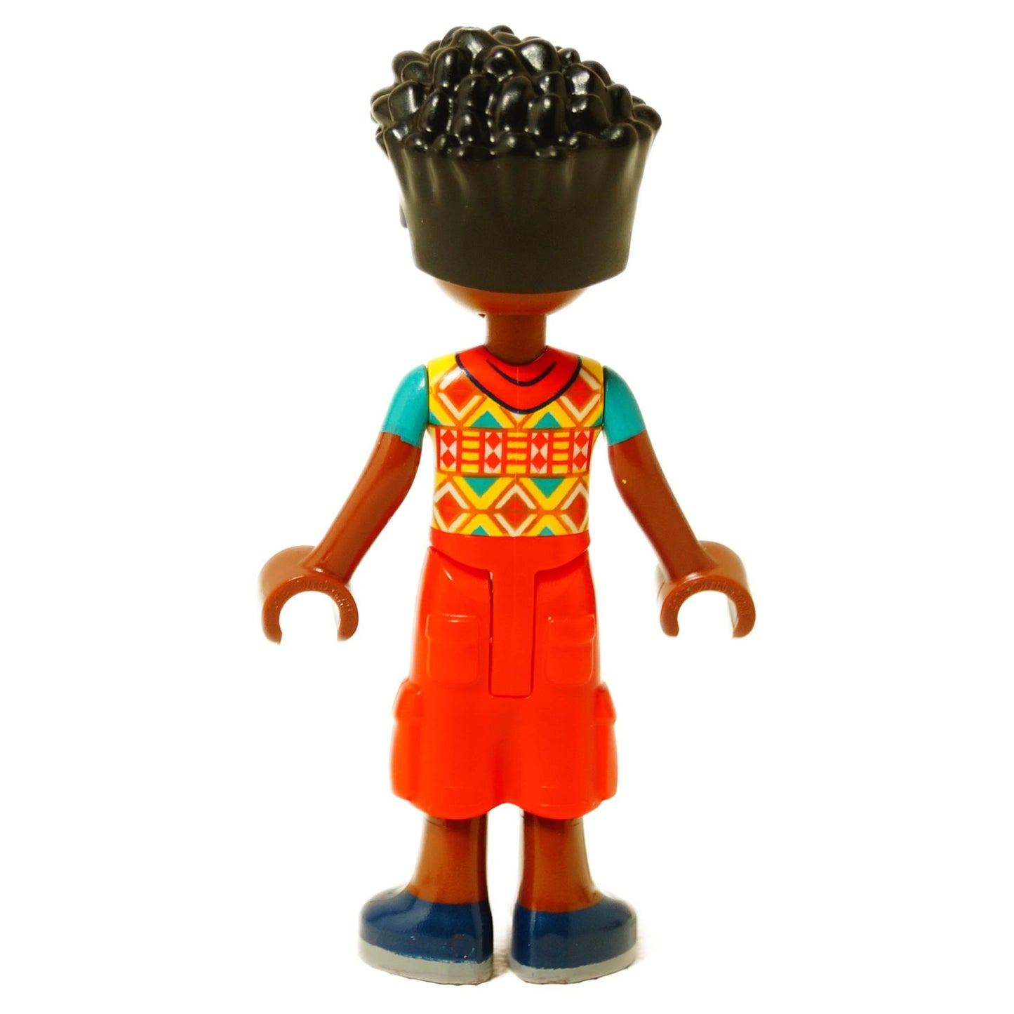LEGO® mini-doll Zac wearing a geometric patterned shirt and red shorts, Friends-style figure with curly hair, back view
