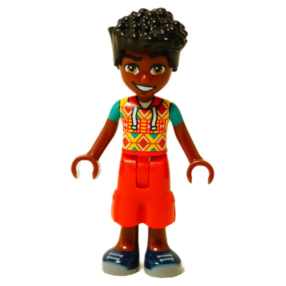LEGO® mini-doll Zac wearing a geometric patterned shirt and red shorts, Friends-style figure with curly hair
