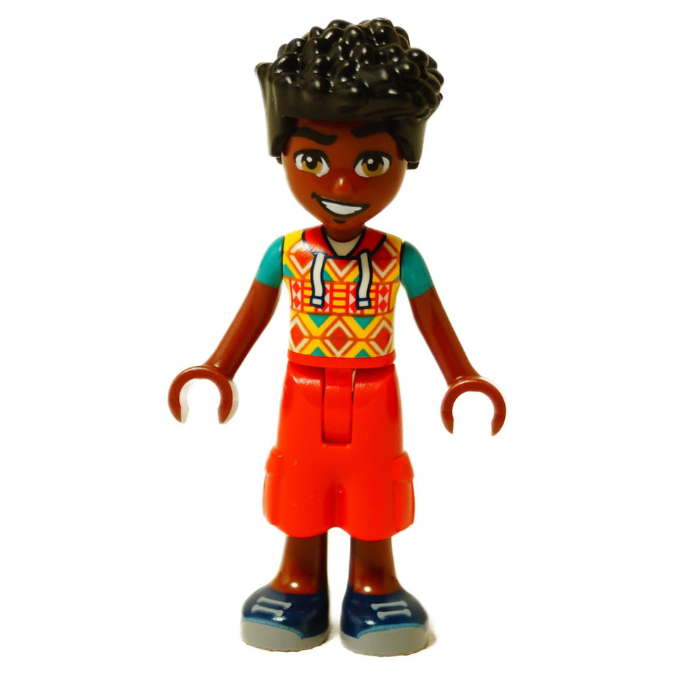 LEGO® Mini-Puppe Zac in einem geometrisch gemusterten Hemd und roten Shorts, Friends-Stil Figur mit lockigem Haar
