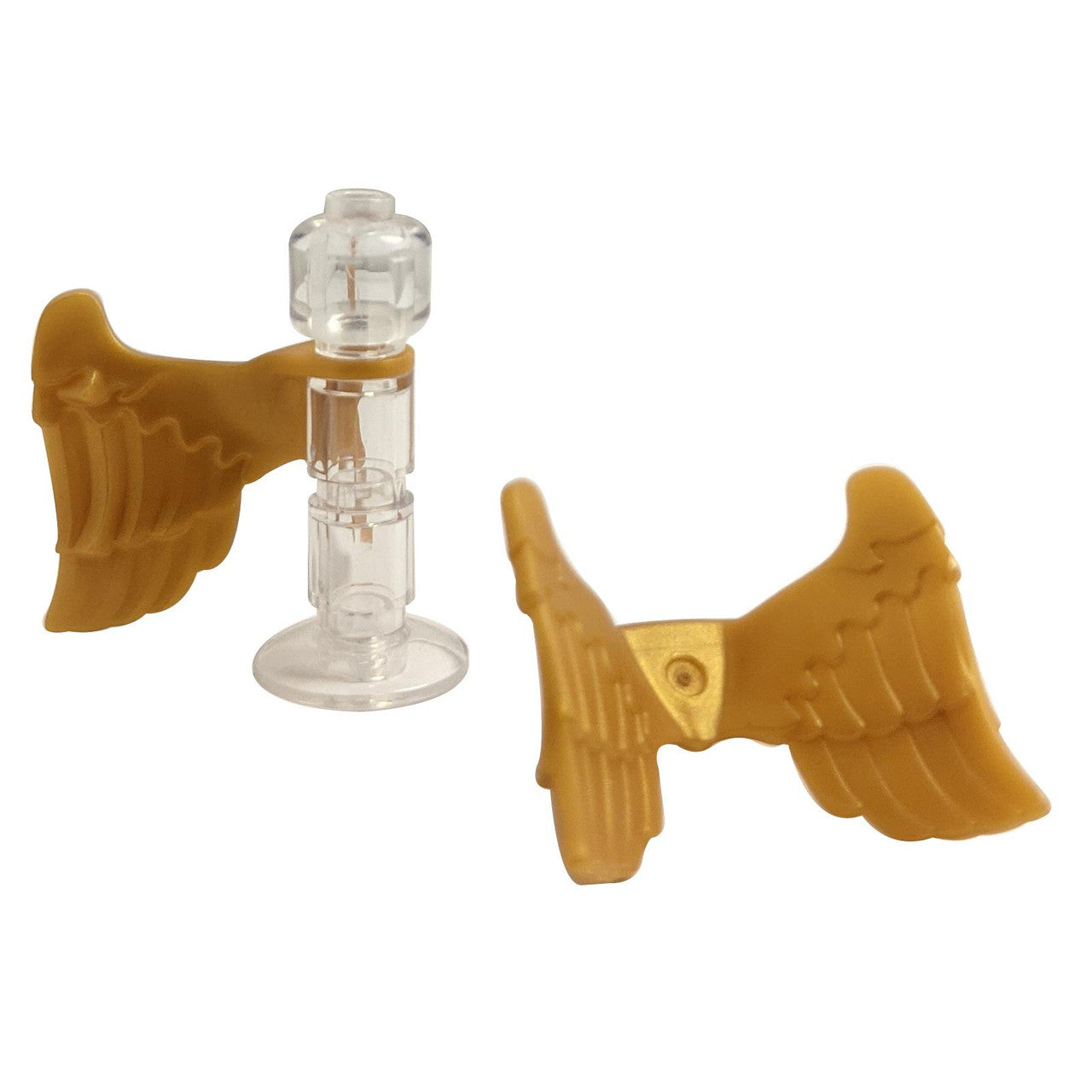 A pair of yellow angel wings designed for LEGO minifigures, with a clear central attachment part.