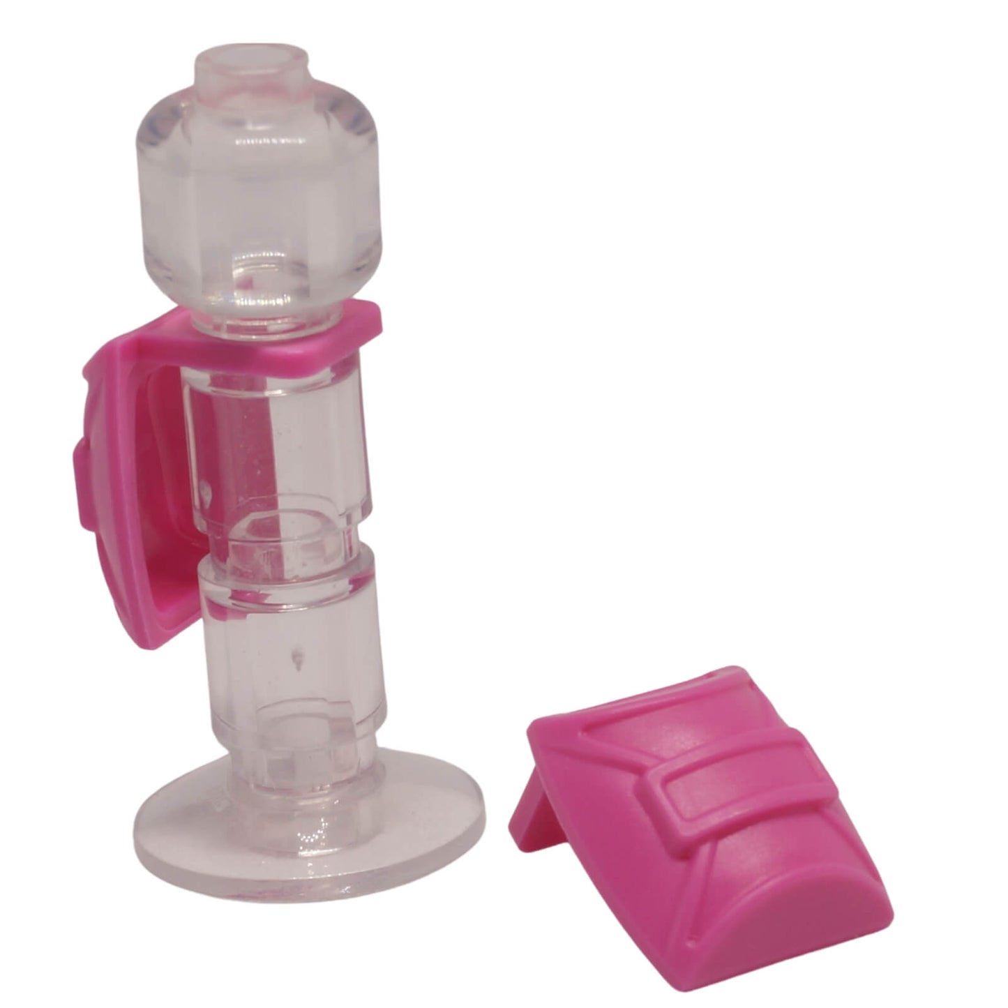 Two dark pink LEGO minifigure backpacks 12897, one on a clear stand.