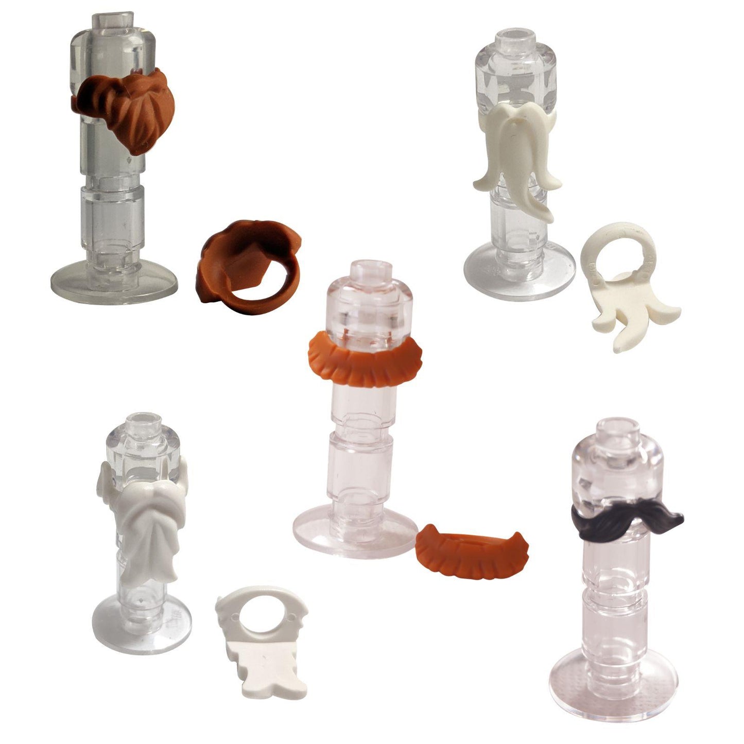 LEGO® minifigure beard and moustache accessory lot with five facial hair pieces