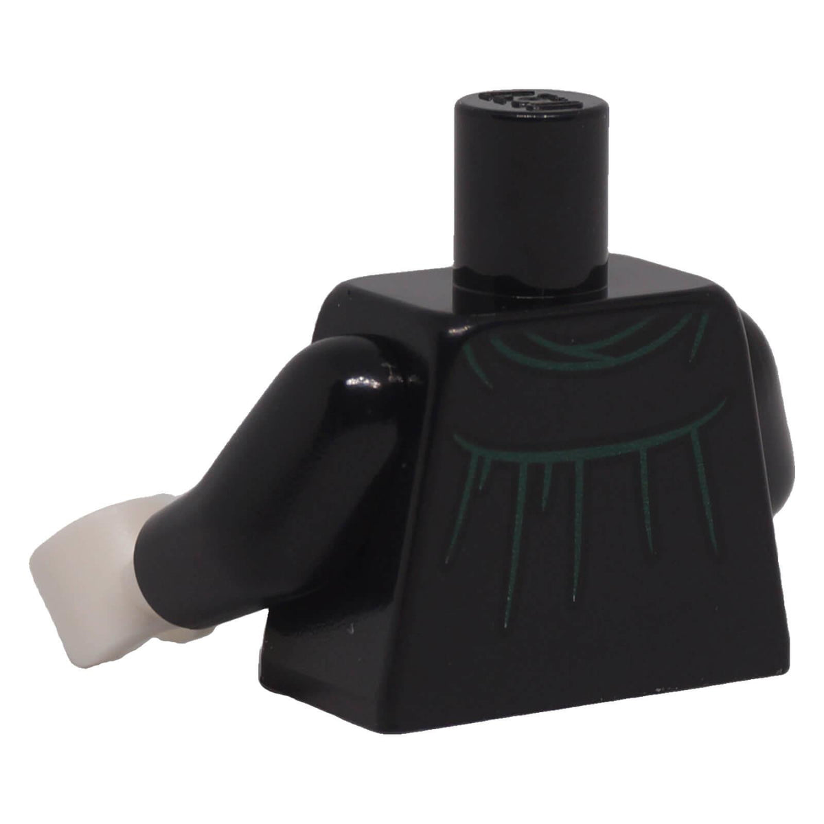 LEGO minifigure black robe torso with white neck, dark green detailing, black arms and white hands back view