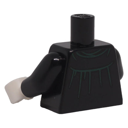 LEGO minifigure black robe torso with white neck, dark green detailing, black arms and white hands back view