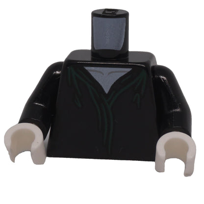 LEGO minifigure black robe torso with white neck, dark green detailing, black arms and white hands