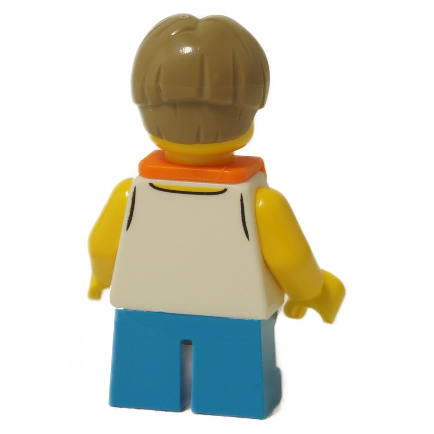LEGO® boy minifigure wearing a sailboat shirt and orange life jacket, blue short legs and smiling face, back profile view
