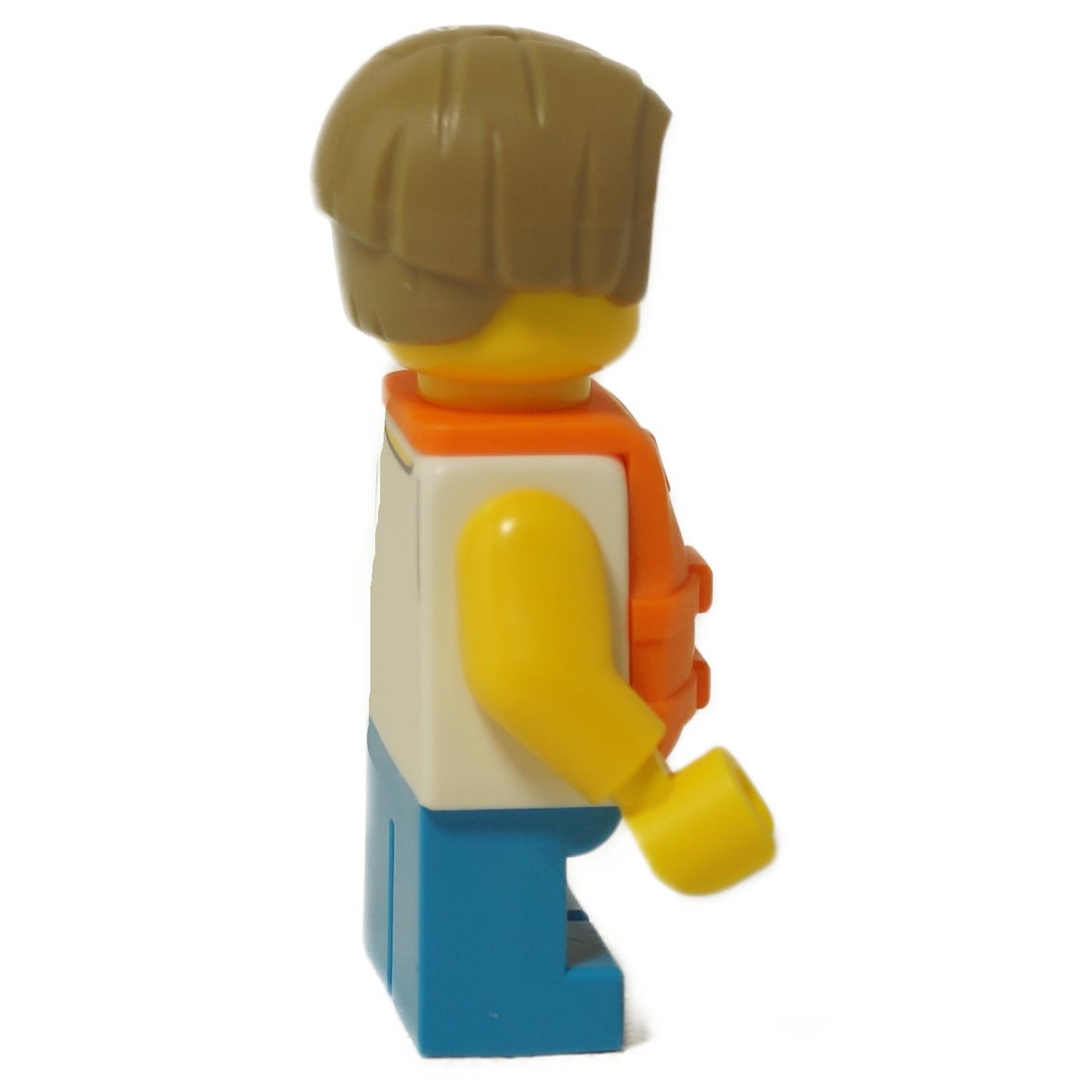 LEGO® boy minifigure wearing a sailboat shirt and orange life jacket, blue short legs and smiling face, side profile view
