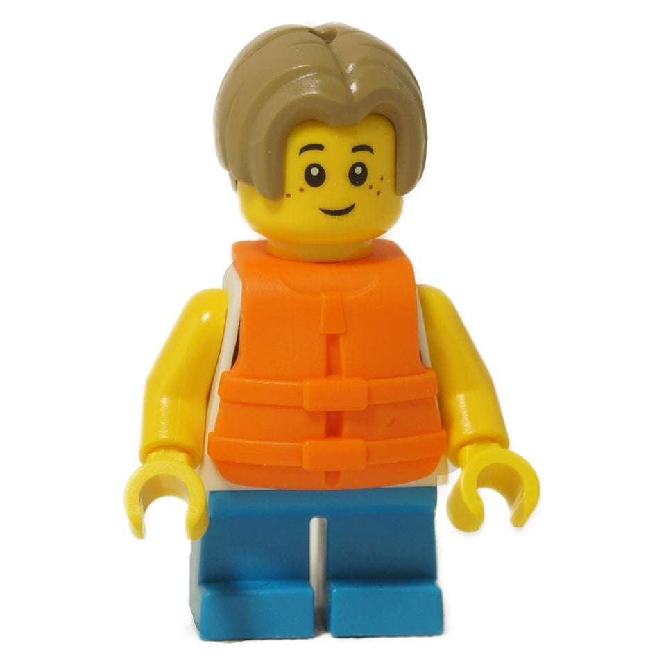 LEGO® boy minifigure wearing a sailboat shirt and orange life jacket, blue short legs and smiling face
