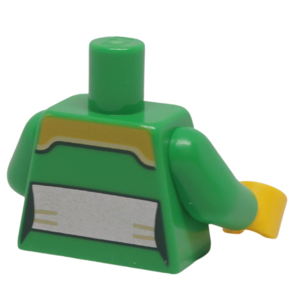 LEGO minifigure bright green female armor torso with yellow mantle and silver belt, back view