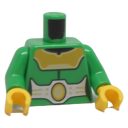 LEGO minifigure bright green female armor torso with yellow mantle and silver belt